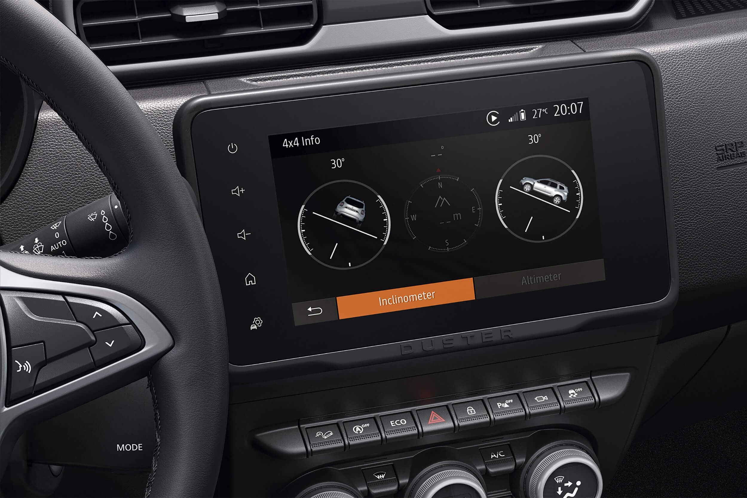 Dacia Duster visureigio centriniame ekrane matomas 4x4 Monitor sistemos langas