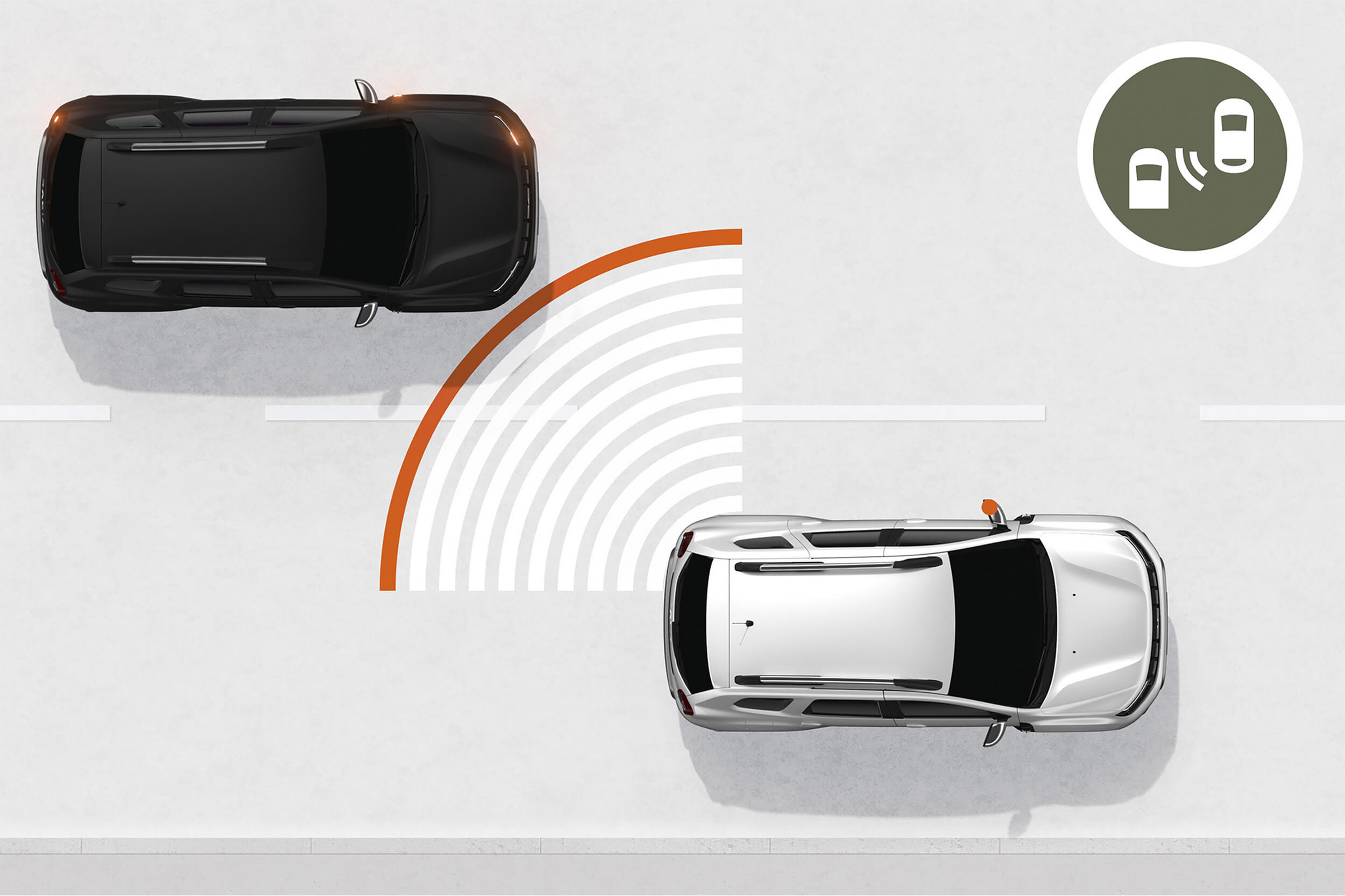 Grafinėje iliustracijoje pavaizduotas baltas Dacia Duster visureigis, veikia aklųjų zonų stebėjimo sistema