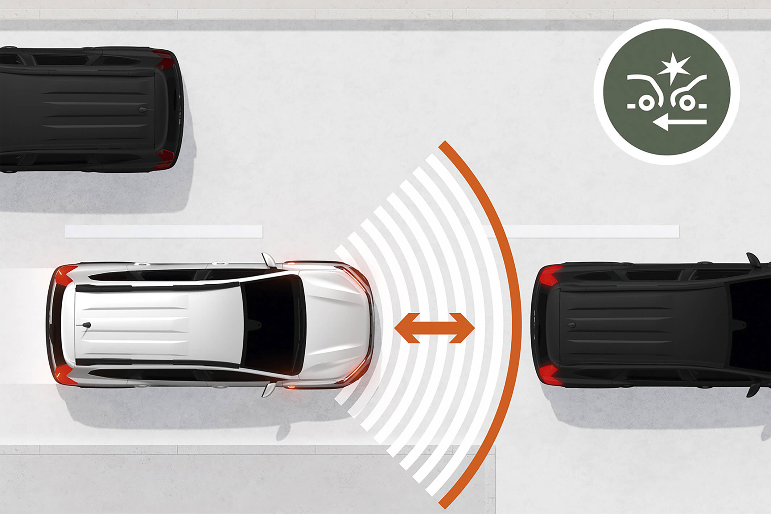 Grafinėje iliustracijoje pavaizduotas baltas Dacia Jogger, veikia aktyvi avarinio stabdymo sistema