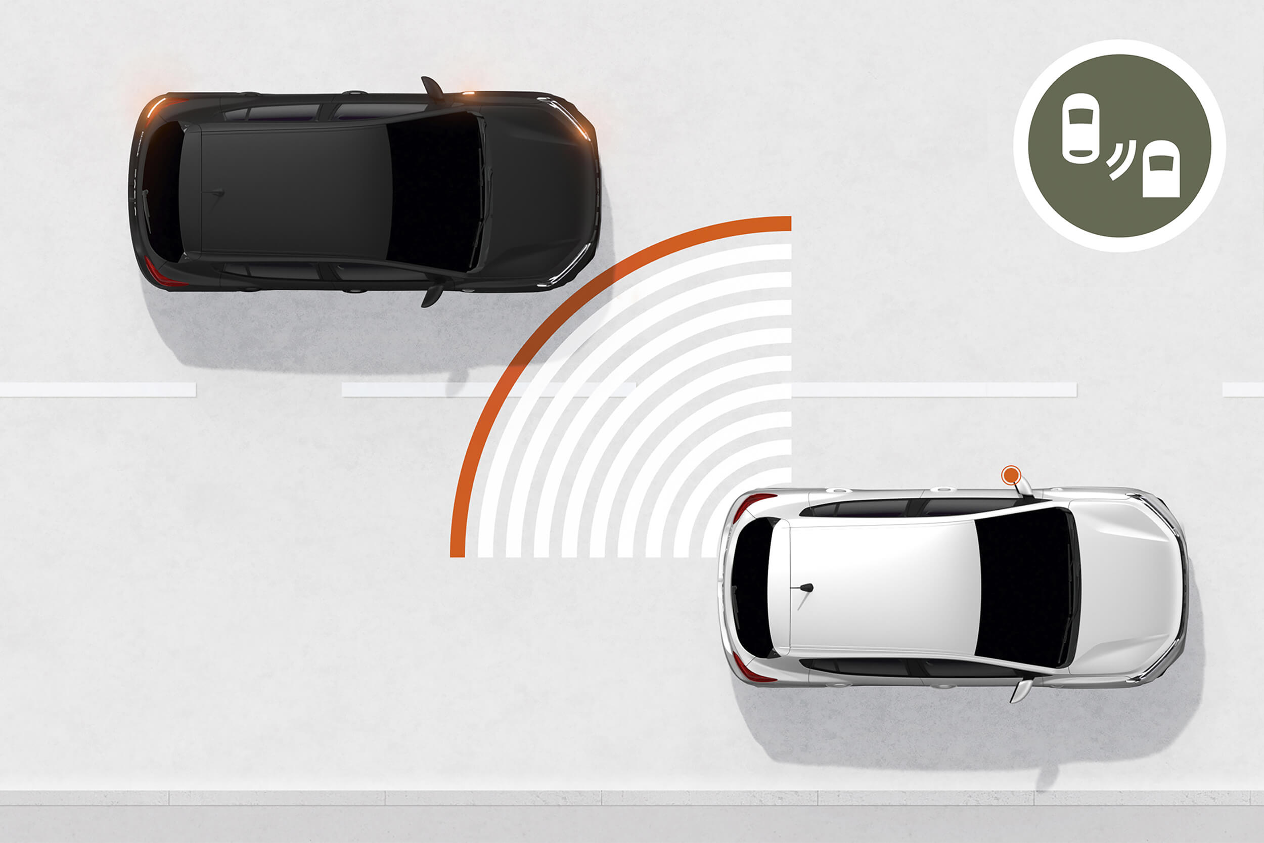 Grafinėje iliustracijoje pavaizduotas baltas Dacia Sandero, veikia aklųjų zonų stebėjimo sistema