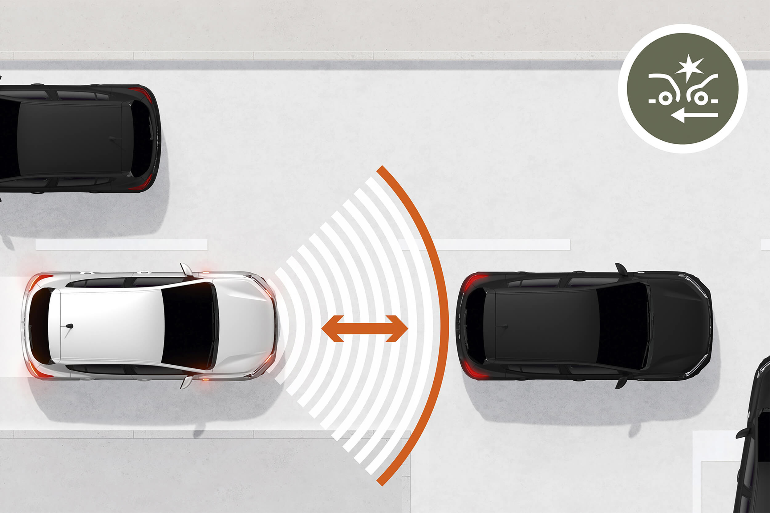Grafinėje iliustracijoje pavaizduotas baltas Dacia Sandero, veikia aktyvi avarinio stabdymo sistema